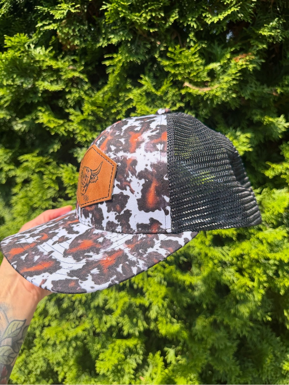 Cowhide Print Trucker Cap with Leather Highland Cow Patch - Black & Brown - Picture 3 of 8